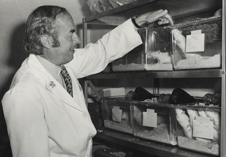 Edward Freis with lab rats for medical research, VA Hospital cca.1974 